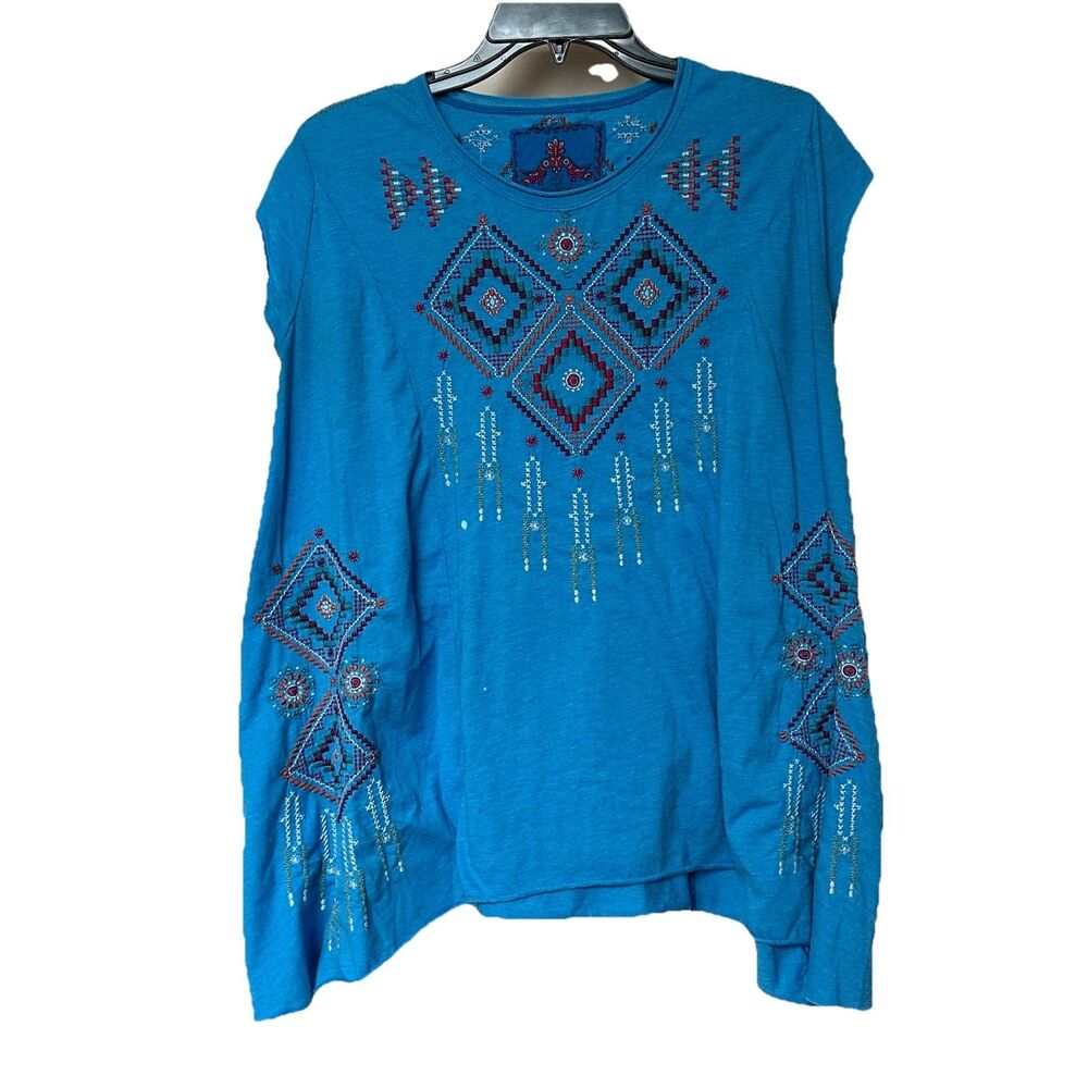 Johnny Was Boho Top Women XS Flowy Embroidered Southwestern Coastal Blue